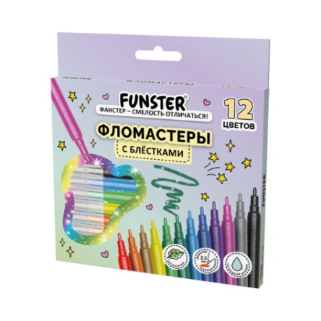 Фломастеры с блестками FUNSTER (ФАНСТЕР) "GLITTER" 12 цветов, ударопрочный наконечник, 152629 - купить в интернет-магазине «Буратино»