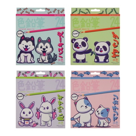 КАРАНДАШИ ЦВЕТНЫЕ ПЛАСТИКОВЫЕ 4,0 ММ  "KAWAII ANIMALS", 24 ЦВЕТА, 4 ВИДА 30-0129 - купить в интернет-магазине «Буратино»