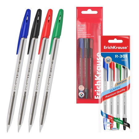 Набор из 4 ручек шариковых ErichKrause R-301 Stick Classic 1.0 - купить в интернет-магазине «Буратино»