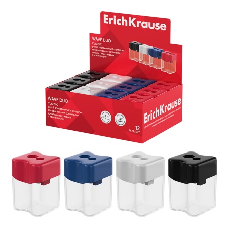 Точилка пластиковая ErichKrause Wave Duo, Classic, с контейнером, ассорти - купить в интернет-магазине «Буратино»