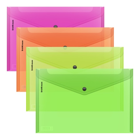 Папка-конверт на кнопке пластиковая ErichKrause Glossy Neon, A4, полупрозрачный, ассорти - купить в интернет-магазине «Буратино»