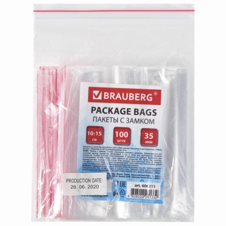 Пакеты с замком ZIP LOCK "зиплок", ком 100 шт., 100х150 мм, ПВД, толщина 35 микрон, BRAUBERG - купить в интернет-магазине «Буратино»