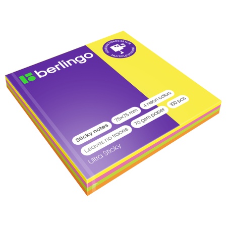 Самоклеящийся блок Berlingo "Ultra Sticky", 75*75мм, 100л., 4 неоновых цвета LSn_39602 - купить в интернет-магазине «Буратино»