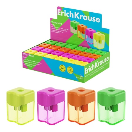 Точилка пластиковая ErichKrause Wave Mini, Neon, с контейнером, ассорти (в коробке-дисплее по 24 шт) - купить в интернет-магазине «Буратино»