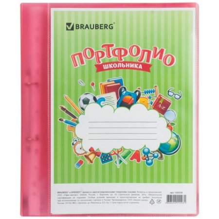 Папка для портфолио школьника, 2 кольца, 20 файлов, пластик полупрозрачный, красная, BRAUBERG, 12655 - купить в интернет-магазине «Буратино»