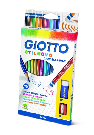 GIOTTO STILNOVO CANCELLAB+TEMP+GOM 10 цветных карандашей с индивидуальным ластиком+ластик+точилка 25 - купить в интернет-магазине «Буратино»