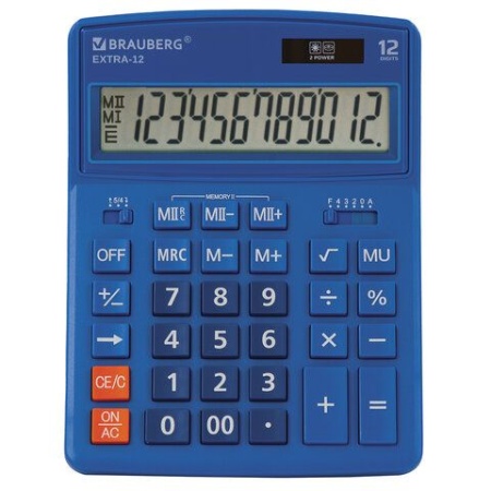 Калькулятор настольный BRAUBERG EXTRA-12-BU (206x155 мм), 12 разрядов, двойное питание, СИНИЙ, 25048 - купить в интернет-магазине «Буратино»