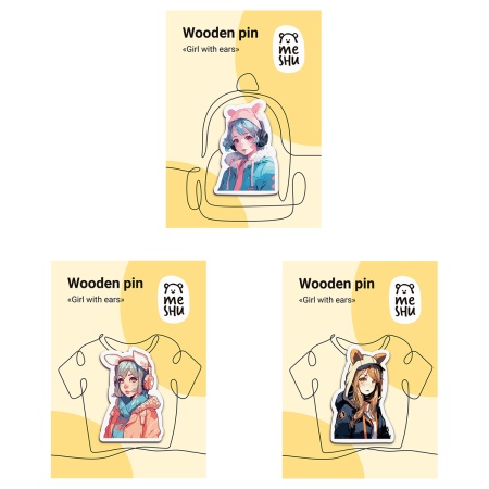 Набор деревянных значков MESHU "Girls with ears", каширование, 3шт. MS_54869 - купить в интернет-магазине «Буратино»