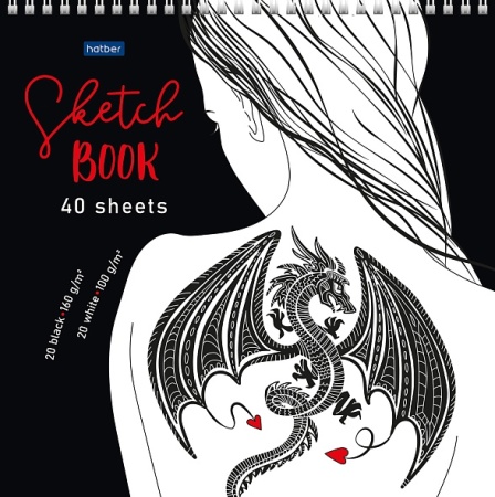 `Premium` Блокнот SketchBook 40л  (20л. Бел.+ 20л.черн.) 240х240мм на греб.-Девушка с татуировкой др - купить в интернет-магазине «Буратино»