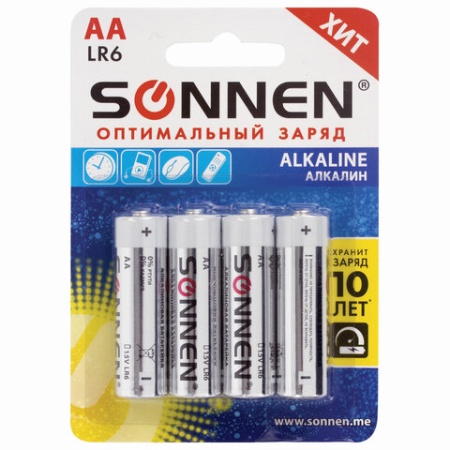 Батарейки КОМПЛЕКТ 4 шт., SONNEN Alkaline, АА (LR6, 15А), алк, пальчиковые,  451085 - купить в интернет-магазине «Буратино»