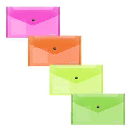Папка-конверт на кнопке пластиковая ErichKrause Glossy Neon, C6, полупрозрачный, ассорти - купить в интернет-магазине «Буратино»