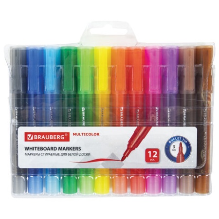 Маркеры стираемые для белой доски НАБОР 12 ЦВЕТОВ, BRAUBERG "MULTICOLOR", 3 мм, 152121 152121 - купить в интернет-магазине «Буратино»
