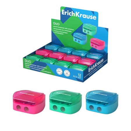 Точилка пластиковая ErichKrause Duo, с контейнером, ассорти - купить в интернет-магазине «Буратино»
