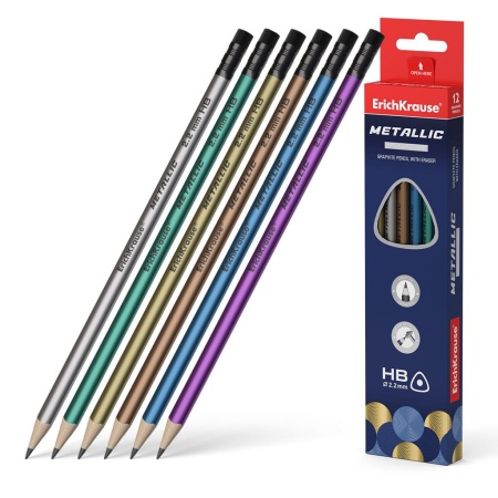 Чернографитный трехгранный карандаш с ластиком ErichKrauseR Metallic HB (в коробке 12 шт.) 56007 - купить в интернет-магазине «Буратино»