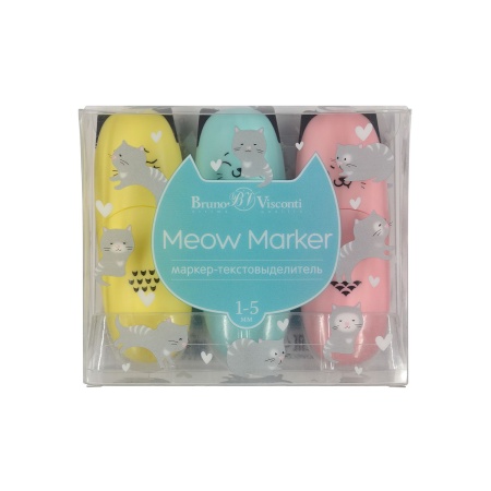 НАБОР ИЗ 3-х ТЕКСТОВЫДЕЛИТЕЛЕЙ "MEOW MARKER" ПАСТЕЛЬНЫЙ ЖЕЛТЫЙ/РОЗОВЫЙ/ГОЛУБОЙ 22-0107 - купить в интернет-магазине «Буратино»