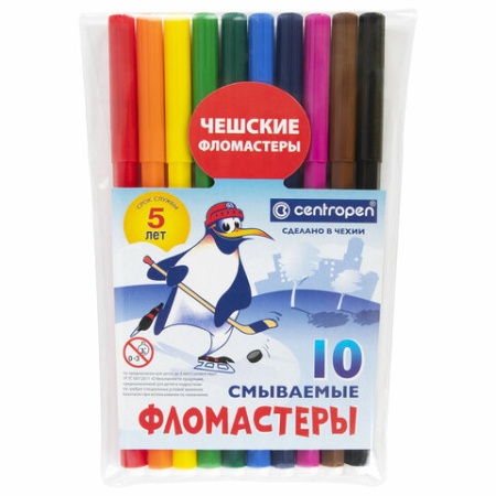 Фломастеры Centropen "Пингвины", 10цв., смываемые, картон. упак. с европодвесом/ПВХ 7 7790 1086 - купить в интернет-магазине «Буратино»