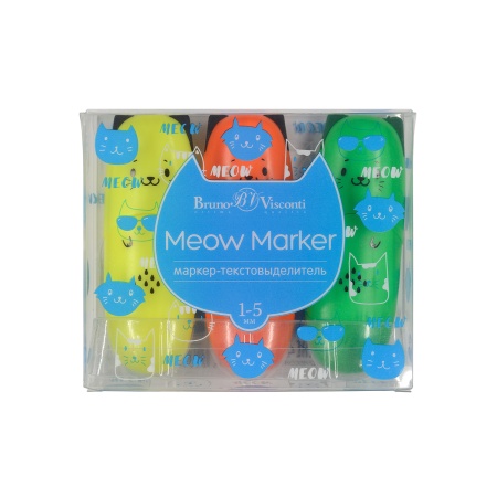 НАБОР ИЗ 3-х ТЕКСТОВЫДЕЛИТЕЛЕЙ "MEOW MARKER" НЕОН ЖЕЛТЫЙ, ЗЕЛЕНЫЙ, ОРАНЖЕВЫЙ 22-0104 - купить в интернет-магазине «Буратино»