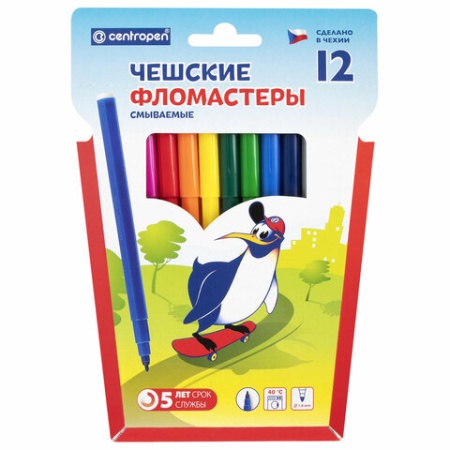 Фломастеры Centropen "Пингвины", 12цв., смываемые, картон, европодвес 7 7790 1286 - купить в интернет-магазине «Буратино»