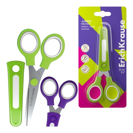 Ножницы ErichKrause Junior Protect, с пластиковым чехлом и именным стикером, 13см, ассорти - купить в интернет-магазине «Буратино»
