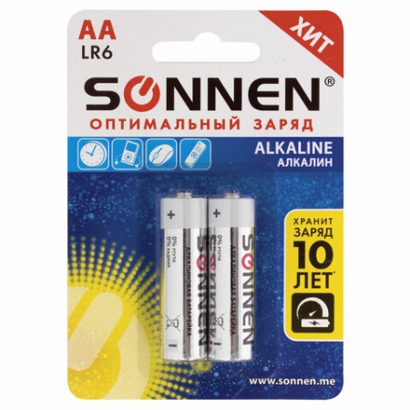 Батарейки КОМПЛЕКТ 2 шт., SONNEN Alkaline, АА (LR6, 15А), алкалиновые, пальчиковые, блистер, 451084 - купить в интернет-магазине «Буратино»
