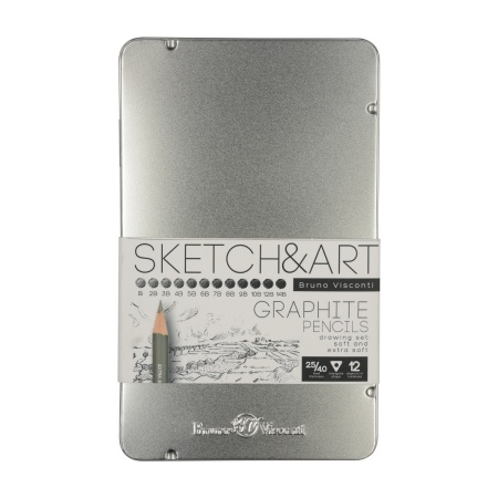 НАБОР КАРАНДАШЕЙ ЧЕРНОГРАФИТОВЫХ "SKETCH&ART" B-14B,12 ШТ.  МЕТАЛЛИЧЕСКАЯ КОРОБКА С ЛОЖЕМЕНТОМ 21-00 - купить в интернет-магазине «Буратино»