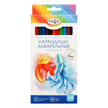 Карандаши акварельные FISH 3718, 24цв, картон.упак. с подвесом 3718024004KSRU - купить в интернет-магазине «Буратино»